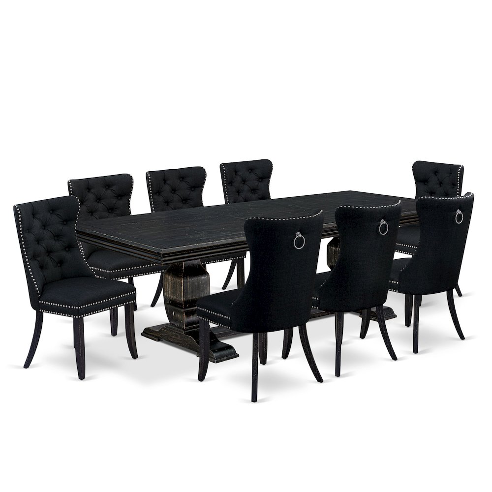 9 piece dining room set of a rectangular table and 8 Linen Fabric dining chairs. Picture 1