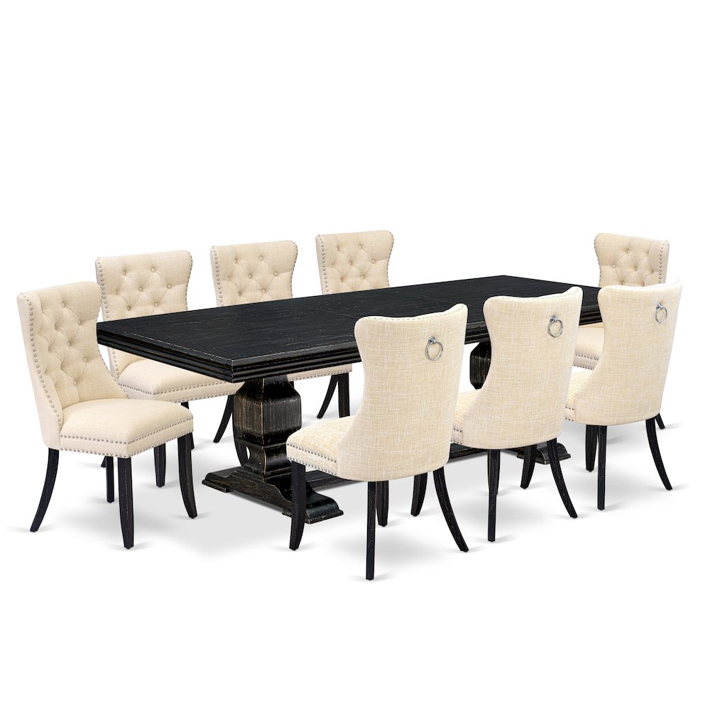 9 piece dining set consists of a wooden table and 8 Linen Fabric dining chairs. Picture 1