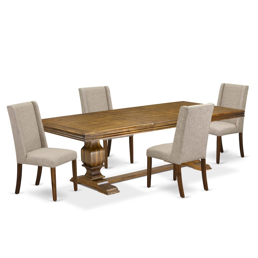 5 piece dining room set a wooden table and 4 Linen Fabric modern chairs. Picture 1