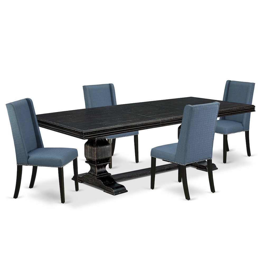 5 piece dining set of a wooden table and 4 Linen Fabric kitchen chairs. Picture 1
