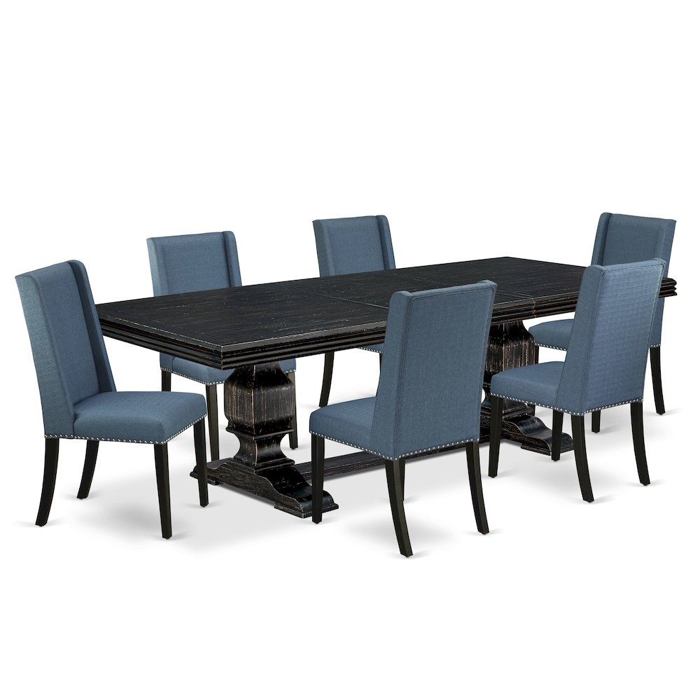 7 piece dining room set of a wooden table and 6 Linen Fabric dining chairs. Picture 1