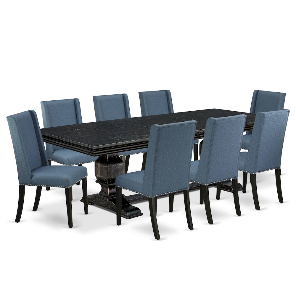 9 piece kitchen table set of a wooden table and 8 Linen Fabric parson chairs. Picture 1
