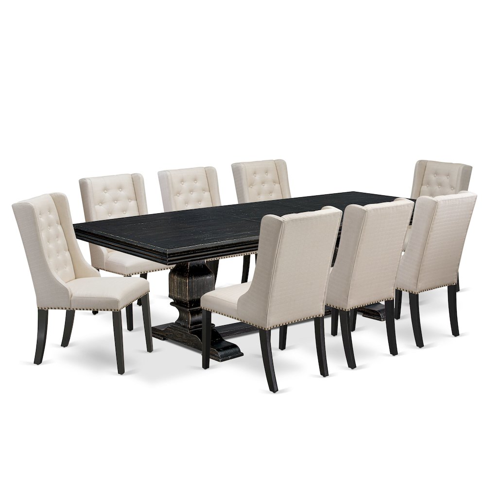 9 piece dining set a dinner table & 8 Linen Fabric dining chairs & black legs. Picture 1