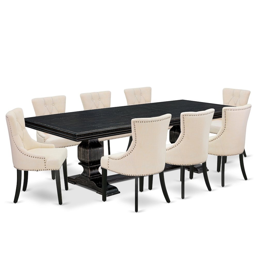 9 piece dining set of a dining table & 8 kitchen chairs & black legs. Picture 1