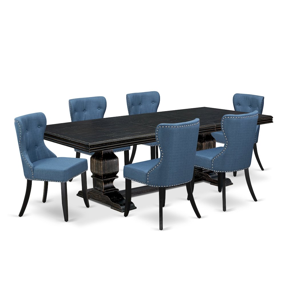 7 piece Dining Table Set of a Dinning Table and 6 Linen Fabric Padded Chairs. Picture 1