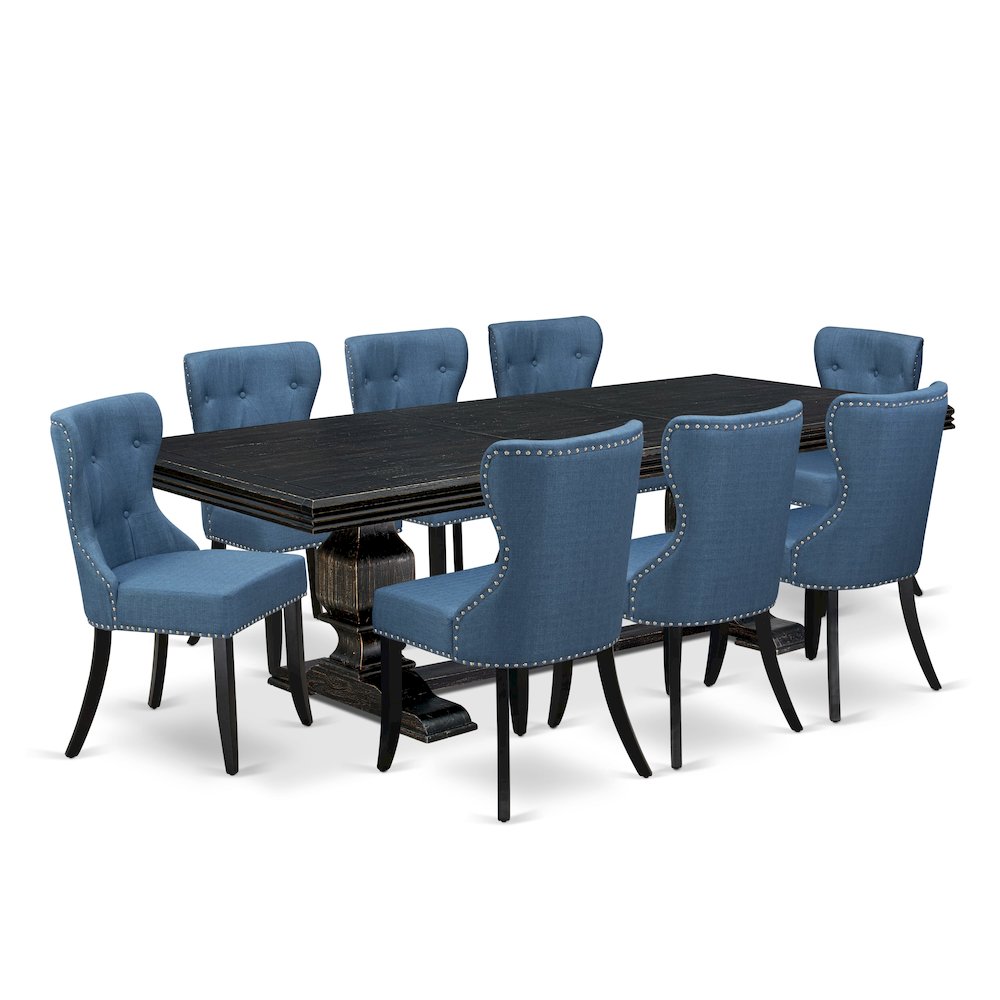 9 piece Kitchen Table Set of a Dinner Table and 8 Upholstered Chairs. Picture 1