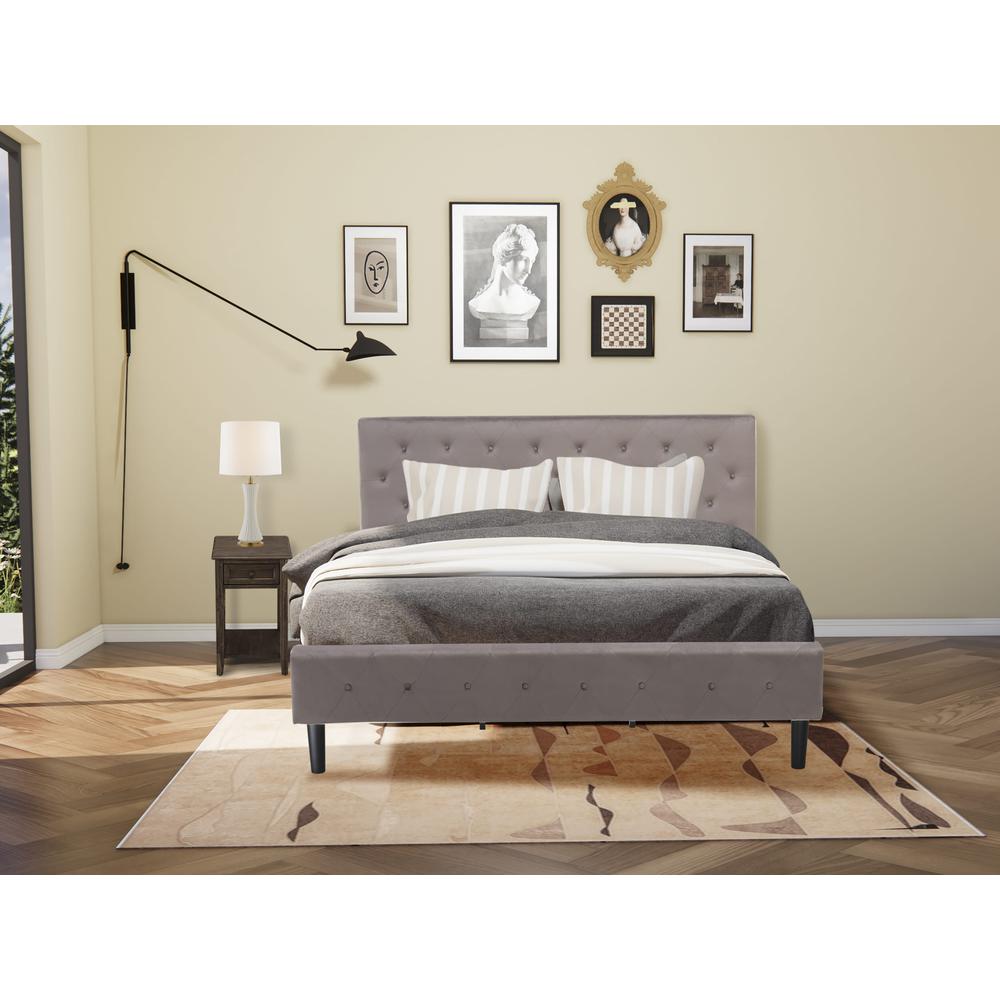 NL14K-1DE07 2 Pc King Bed Set - 1 Bed Brown Taupe Velvet Fabric Headboard and 1 Nightstand - Distressed Jacobean Finish Nightstand. Picture 2