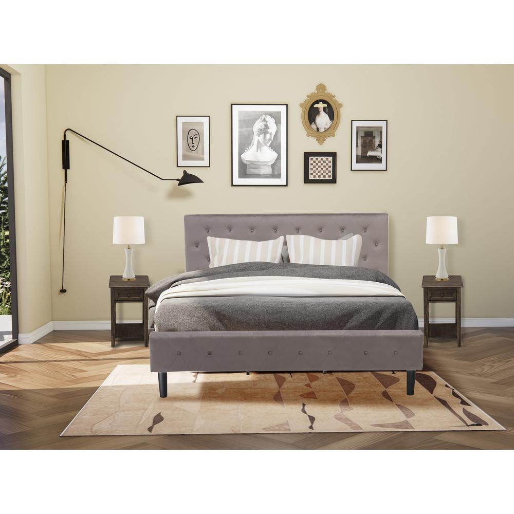 NL14K-2DE07 3 Piece Bed Set - 1 Bed Brown Taupe Velvet Fabric Headboard and 2 Night Stand - Distressed Jacobean Finish Nightstand. Picture 2