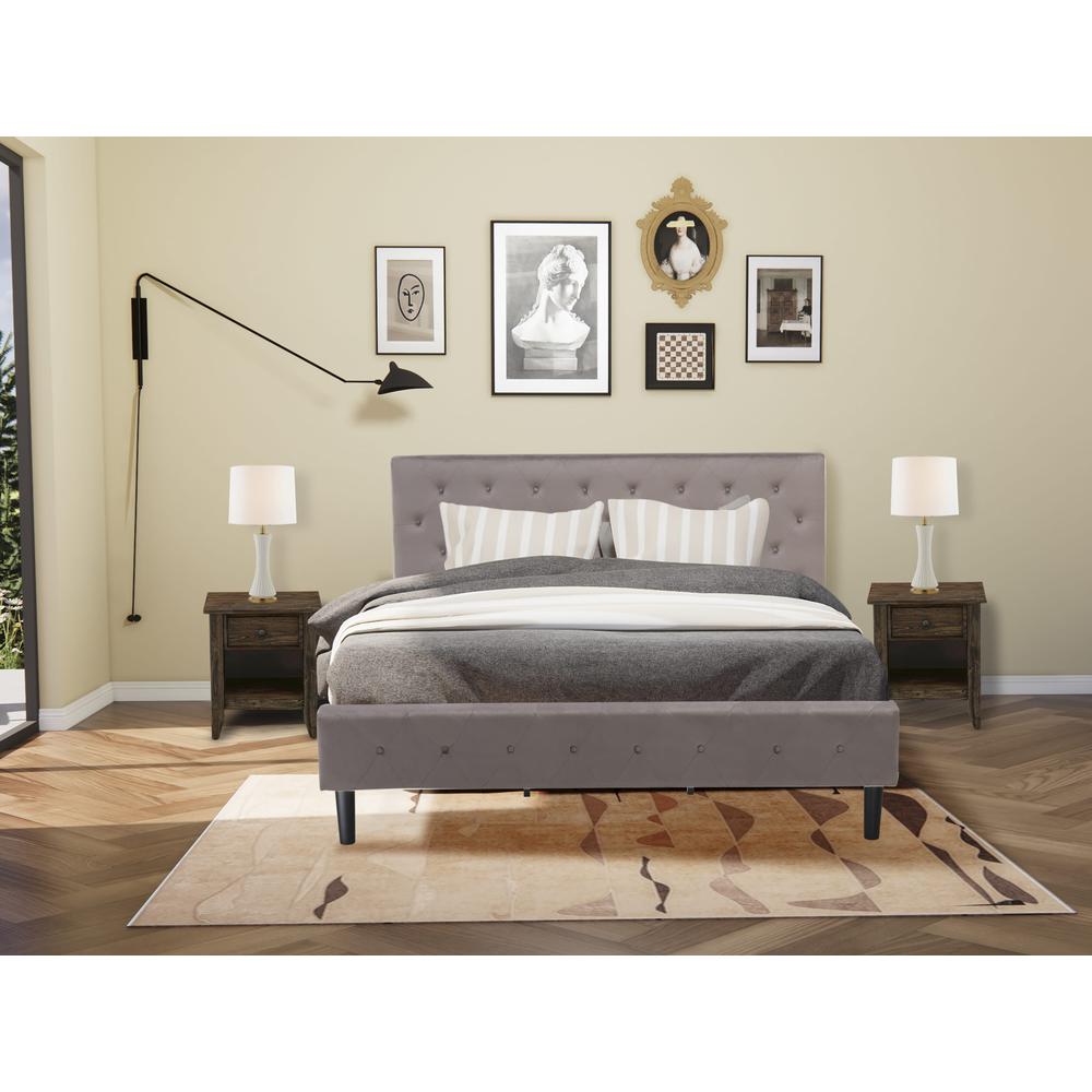 NL14K-2GA07 3 Pc Bedroom Set - 1 Bed Brown Taupe Velvet Fabric Headboard and 2 Nightstands - Distressed Jacobean Finish Nightstand. Picture 2