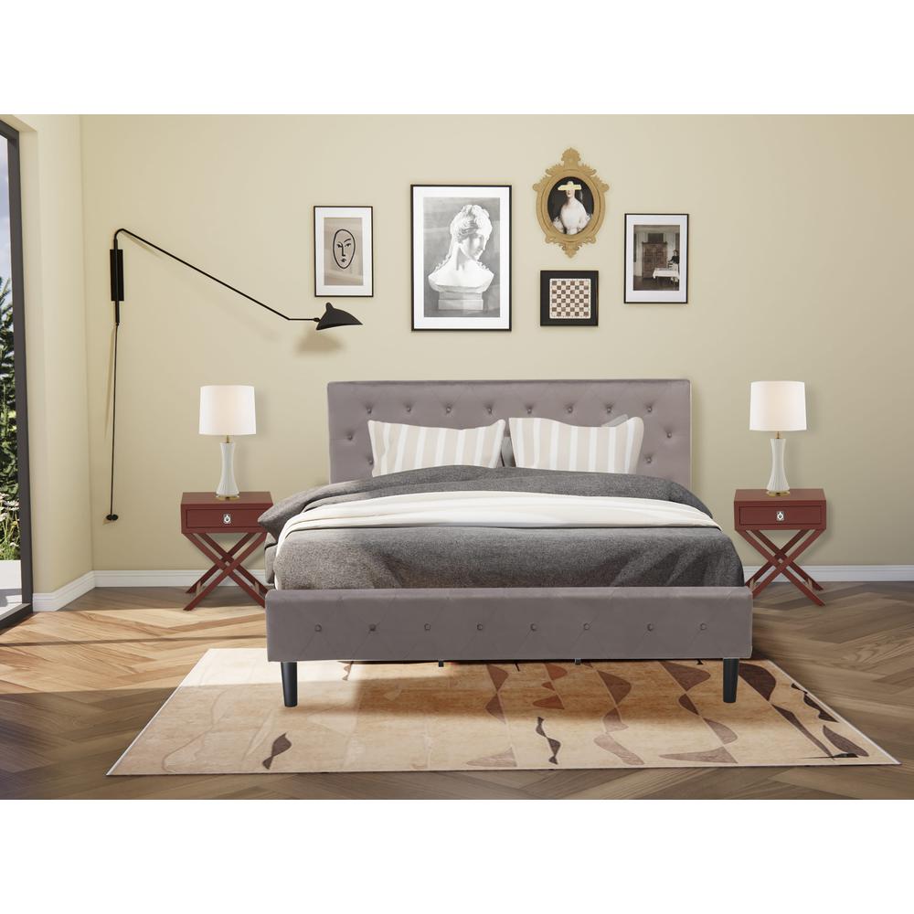 NL14K-2HA13 3 Pc Bedroom Set - 1 King Bed Brown Taupe Velvet Fabric Headboard and 2 Night Stands - Burgundy Finish Nightstand. Picture 2