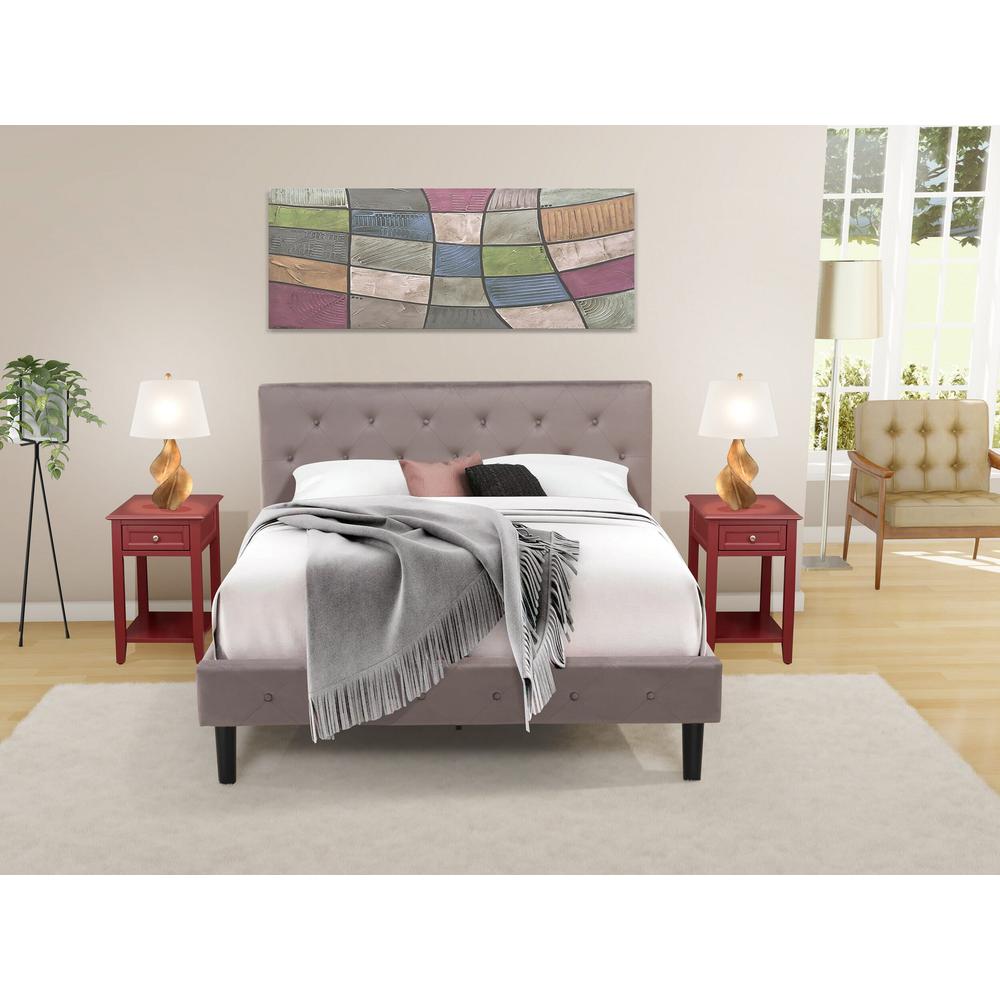 NL14Q-2DE13 3 Pc Queen Bedroom Set - 1 Wood Bed Brown Taupe Velvet Fabric Headboard and 2 nightstands - Burgundy Finish Nightstand. Picture 2