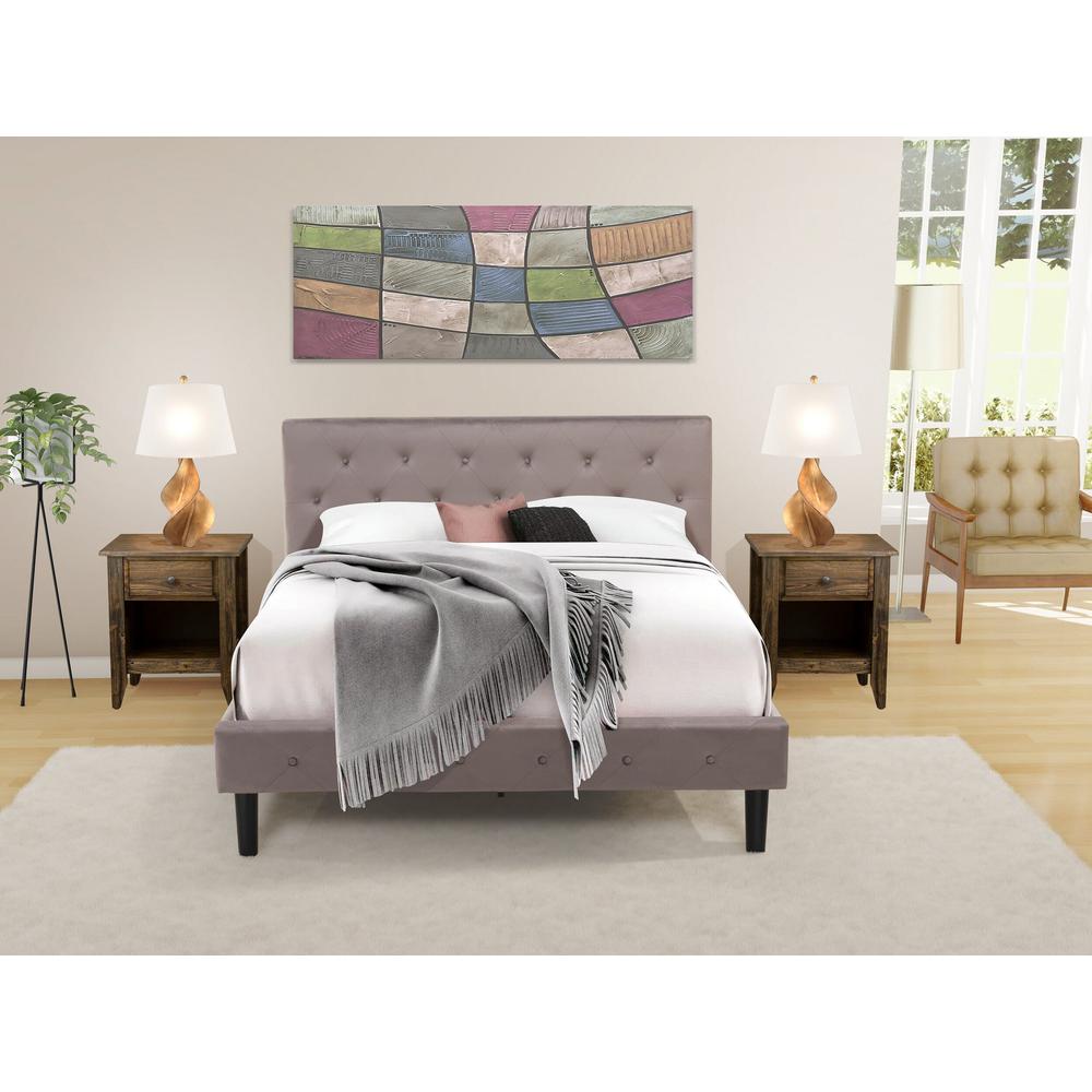 NL14Q-2GA07 3 Piece Bed Set - 1 Bed Brown Taupe Velvet Fabric Headboard and 2 Nightstands - Distressed Jacobean Finish Nightstand. Picture 2