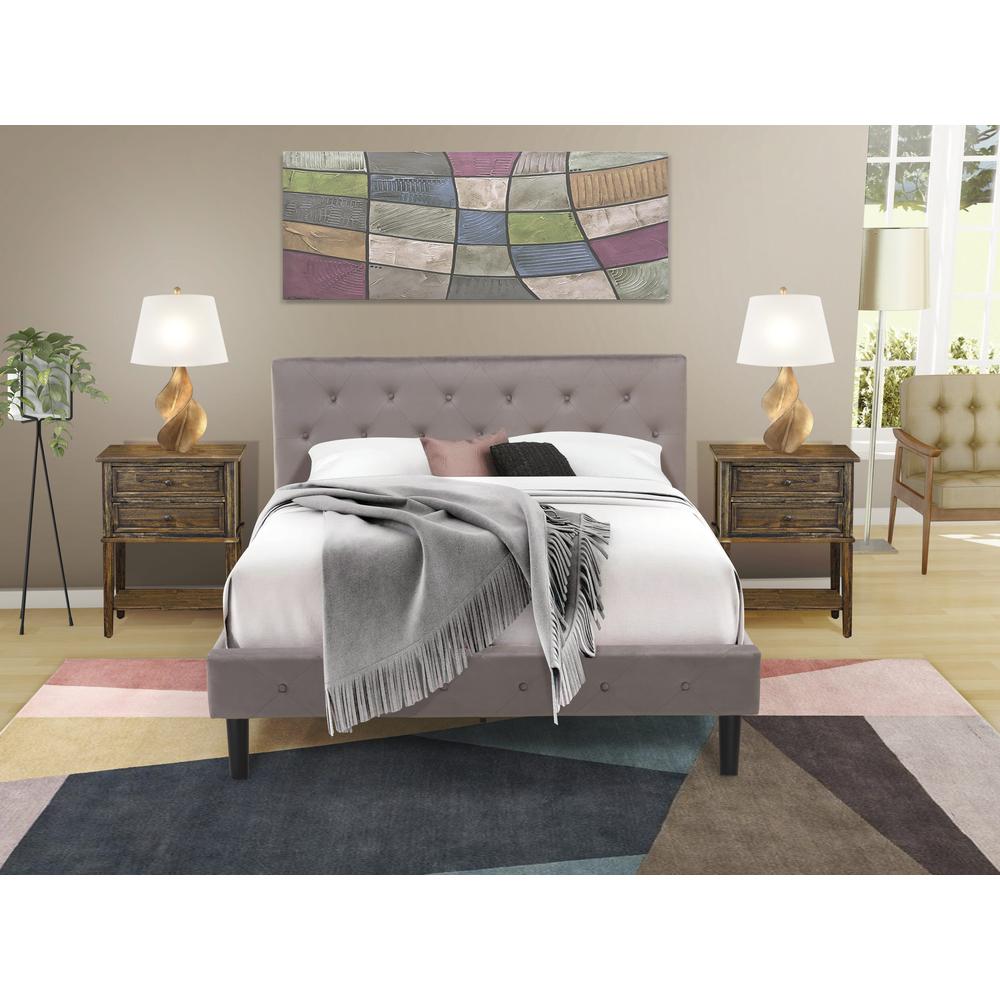NL14Q-2VL07 3 Pc Bed Set - 1 Bed Brown Taupe Velvet Fabric Headboard and 2 Nightstands - Distressed Jacobean Finish Nightstand. Picture 2
