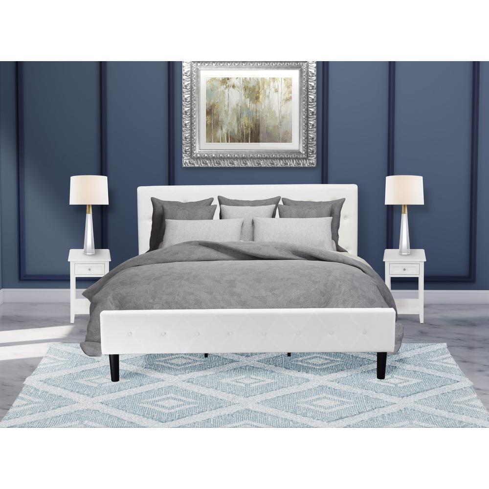 NL19K-2DE05 3 Piece King Bed Set - 1 Bed Frame White Velvet Fabric Headboard and 2 Night Stand - White Finish Nightstand. Picture 2