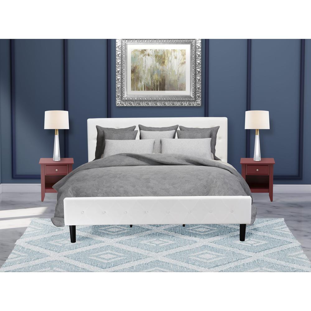 NL19K-2GA13 3 Piece Bed Set - 1 Platform Bed White Velvet Fabric Headboard and 2 Night Stand - Burgundy Finish Nightstand. Picture 2