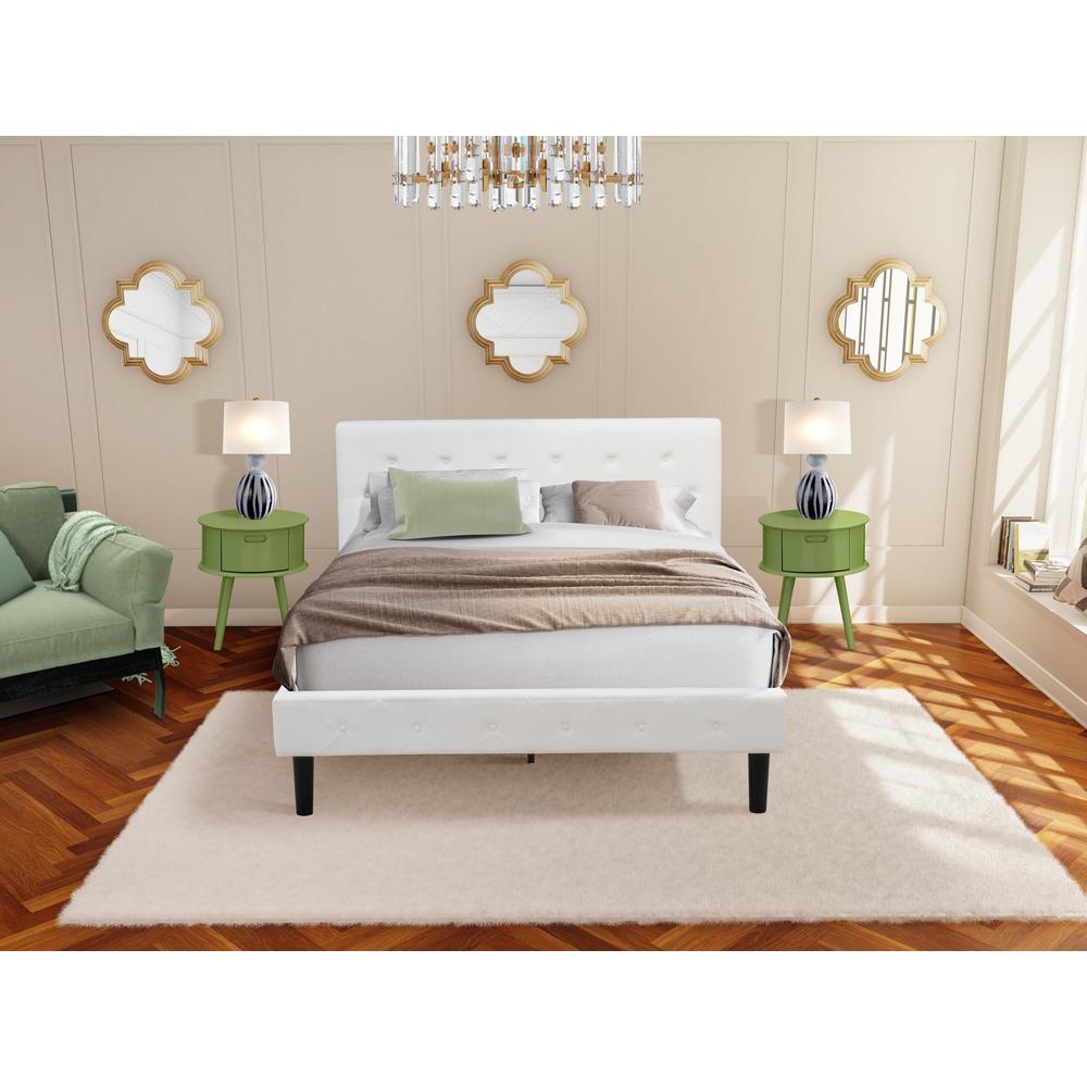 NL19Q-2GO12 3 Piece Bed Set - 1 Wood Bed Frame White Velvet Fabric Headboard and 2 Night Stand - Clover Green Finish Nightstand. Picture 2