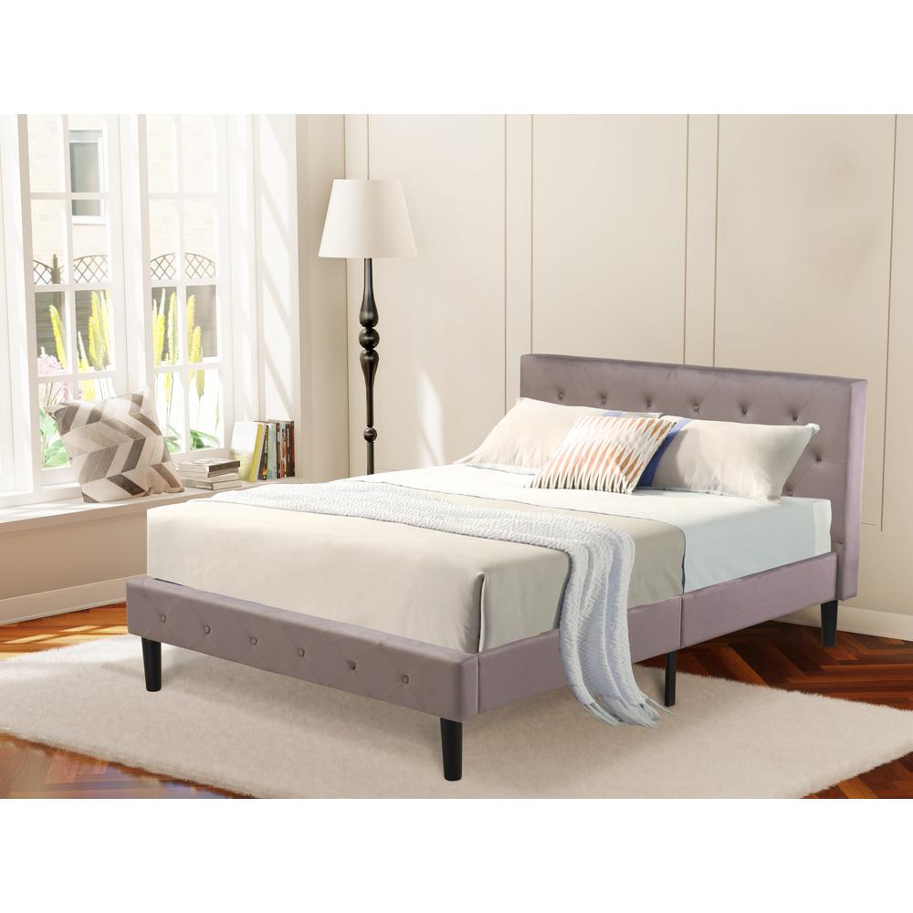 NLF-14-F Nolan Platform Bed - Button Tufted Brown Taupe Velvet Fabric Padded Headboard & Footboard, Black Legs, Full Size. Picture 2