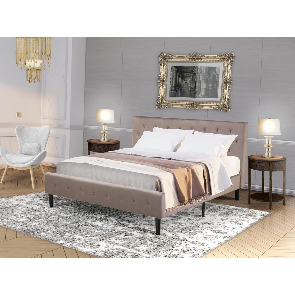 NLF-14-K Nolan Platform Bed Frame-Button Tufted Brown Taupe Velvet Fabric Upholstered Headboard & Footboard, Black Legs, King Size. Picture 2