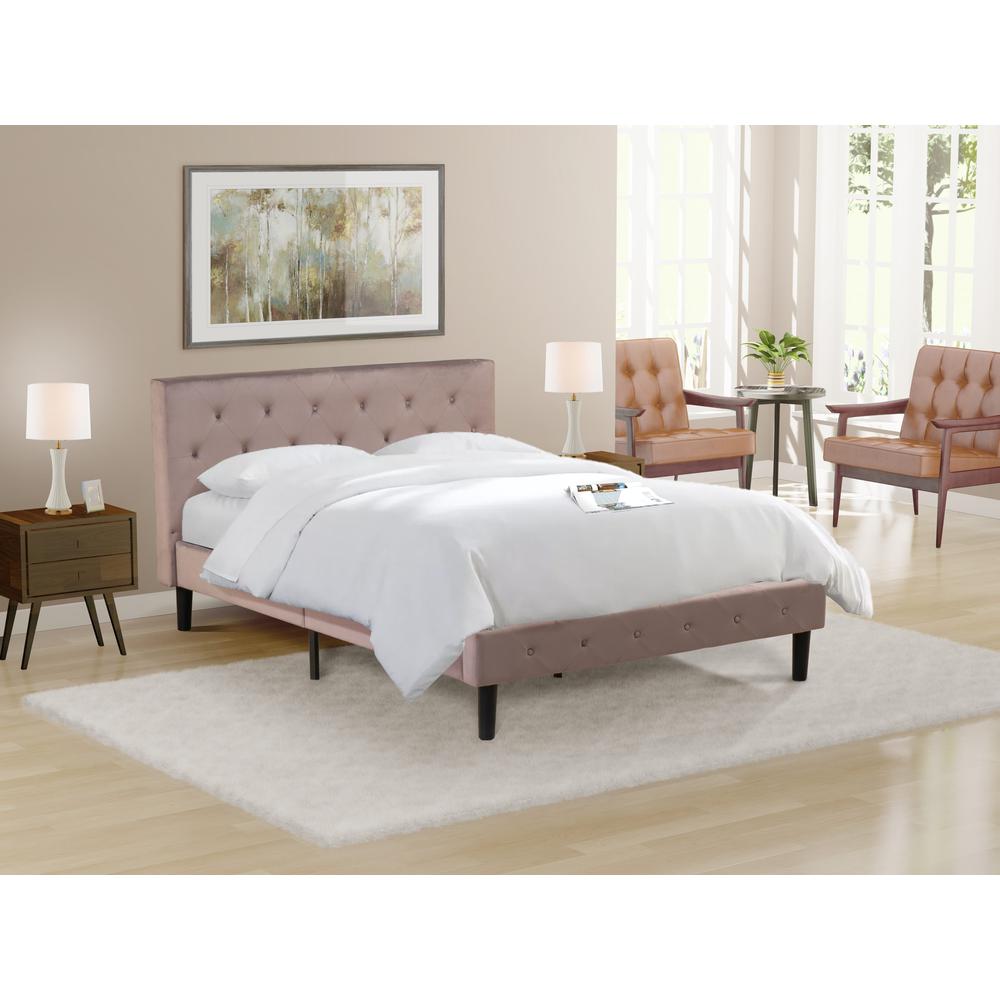 NLF-14-Q Nolan Platform Bed Frame-Button Tufted Brown Taupe Velvet Fabric Upholstery Headboard & Footboard, Black Legs, Queen Size. Picture 2