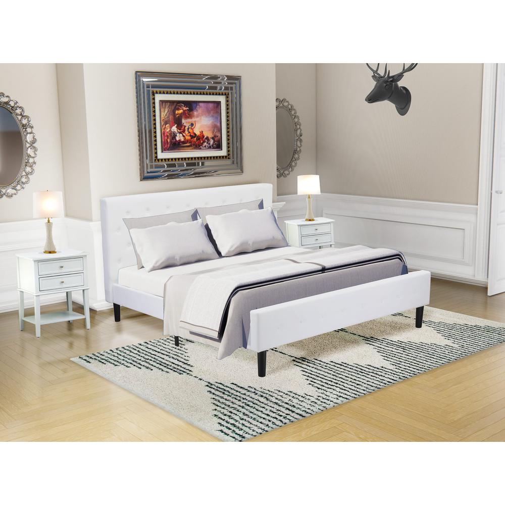 NLF-19-K Nolan Platform Bed - Button Tufted White Velvet Fabric Upholstered Headboard & Footboard, Black Legs, King Size. Picture 2
