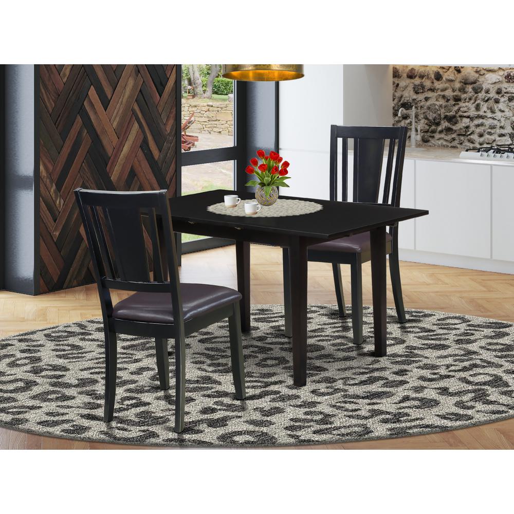 East West Furniture NODU3-BLK-LC 3-Pc Rectangular Dining Table Set 2 Wooden Dining Chairs with Panel Back and A Faux Leather Seat and Small Butterfly Leaf Rectangular Dining Table with Rectangular Top. Picture 4