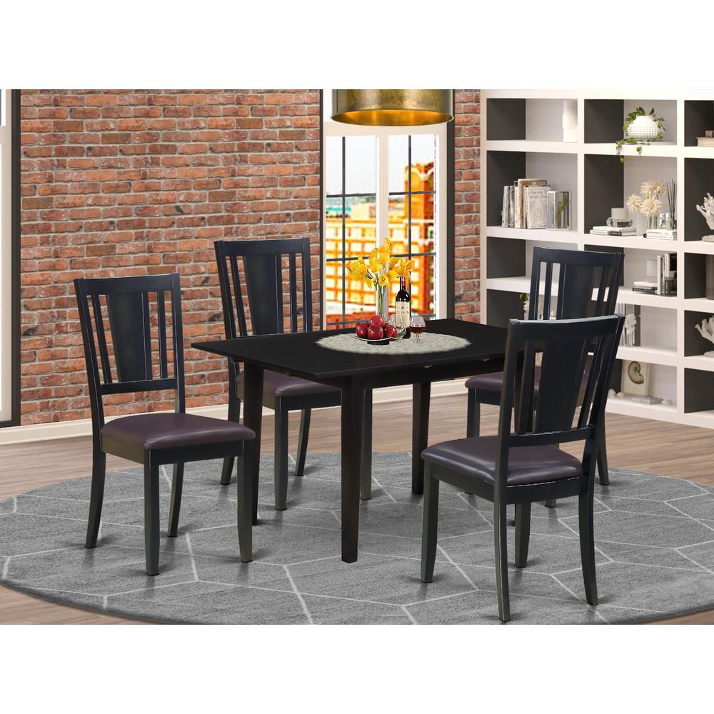 East West Furniture NODU5-BLK-LC 5-Pc Rectangular Dining Table Set 4 Dining Chairs with Panel Back and a Faux Leather Seat and Butterfly Leaf Dining Table with Rectangular Top and 4 Legs- Black Finish. Picture 4