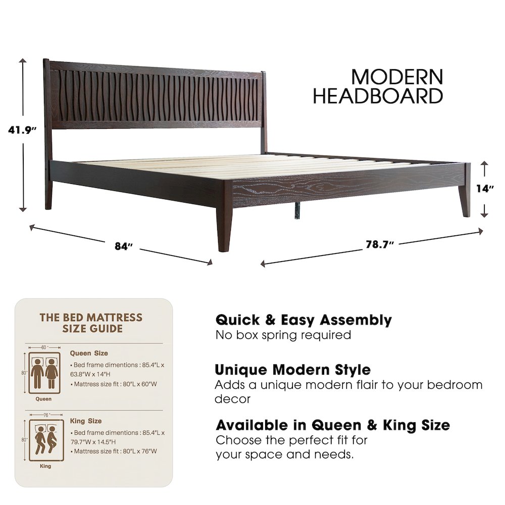 King Wooden Platform Bed Frame, Dark Roast Oak Finish, Morden Style. Picture 2