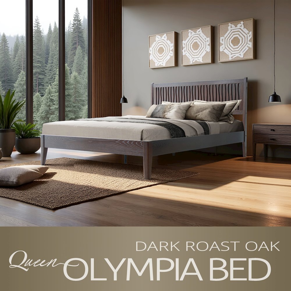 Queen Wooden Platform Bed Frame, Dark Roast Oak Finish, Morden Style. Picture 6