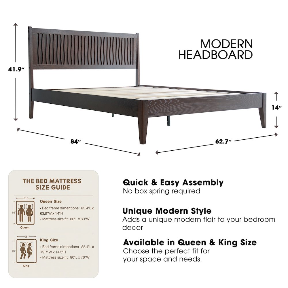Queen Wooden Platform Bed Frame, Dark Roast Oak Finish, Morden Style. Picture 2