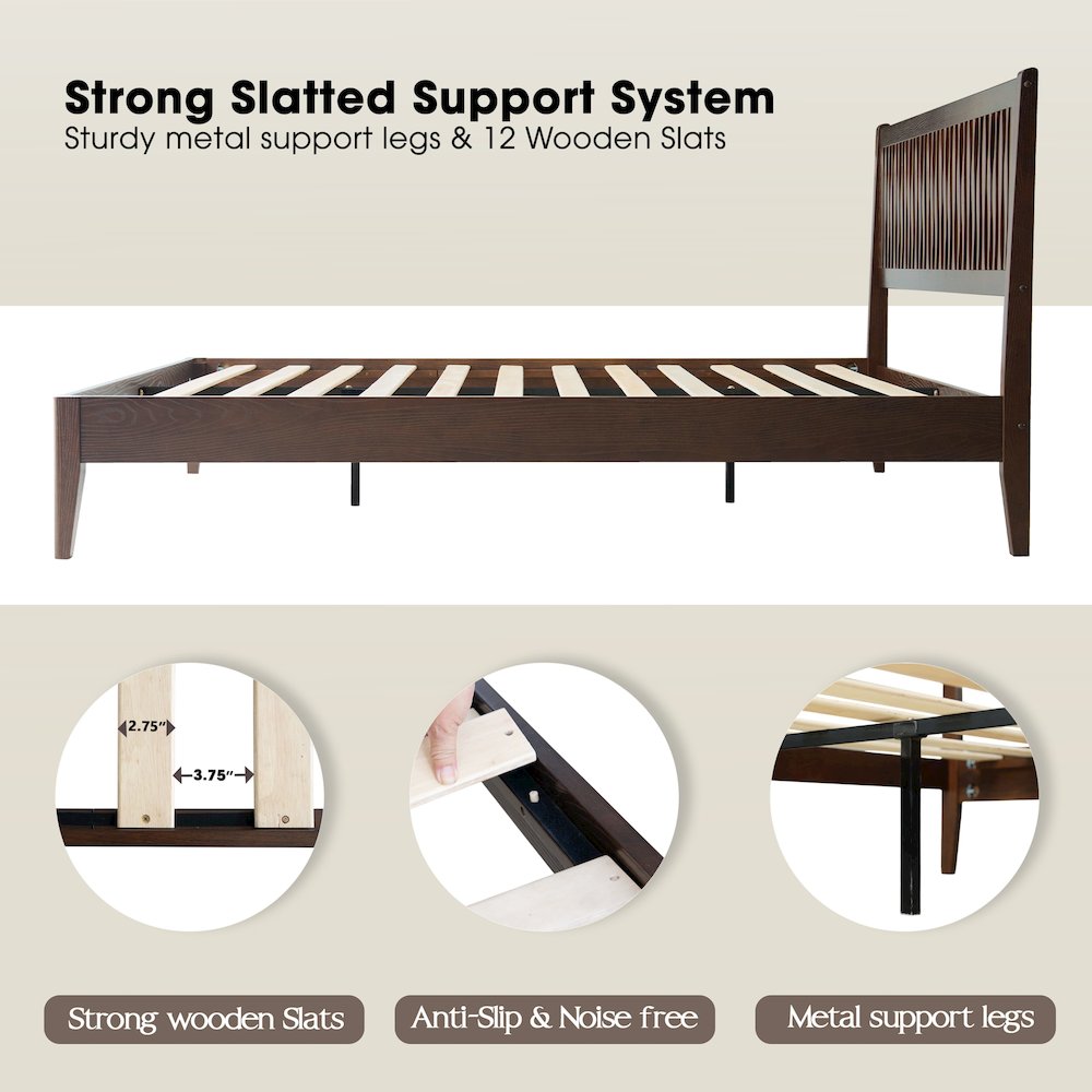 Queen Wooden Platform Bed Frame, Dark Roast Oak Finish, Morden Style. Picture 3