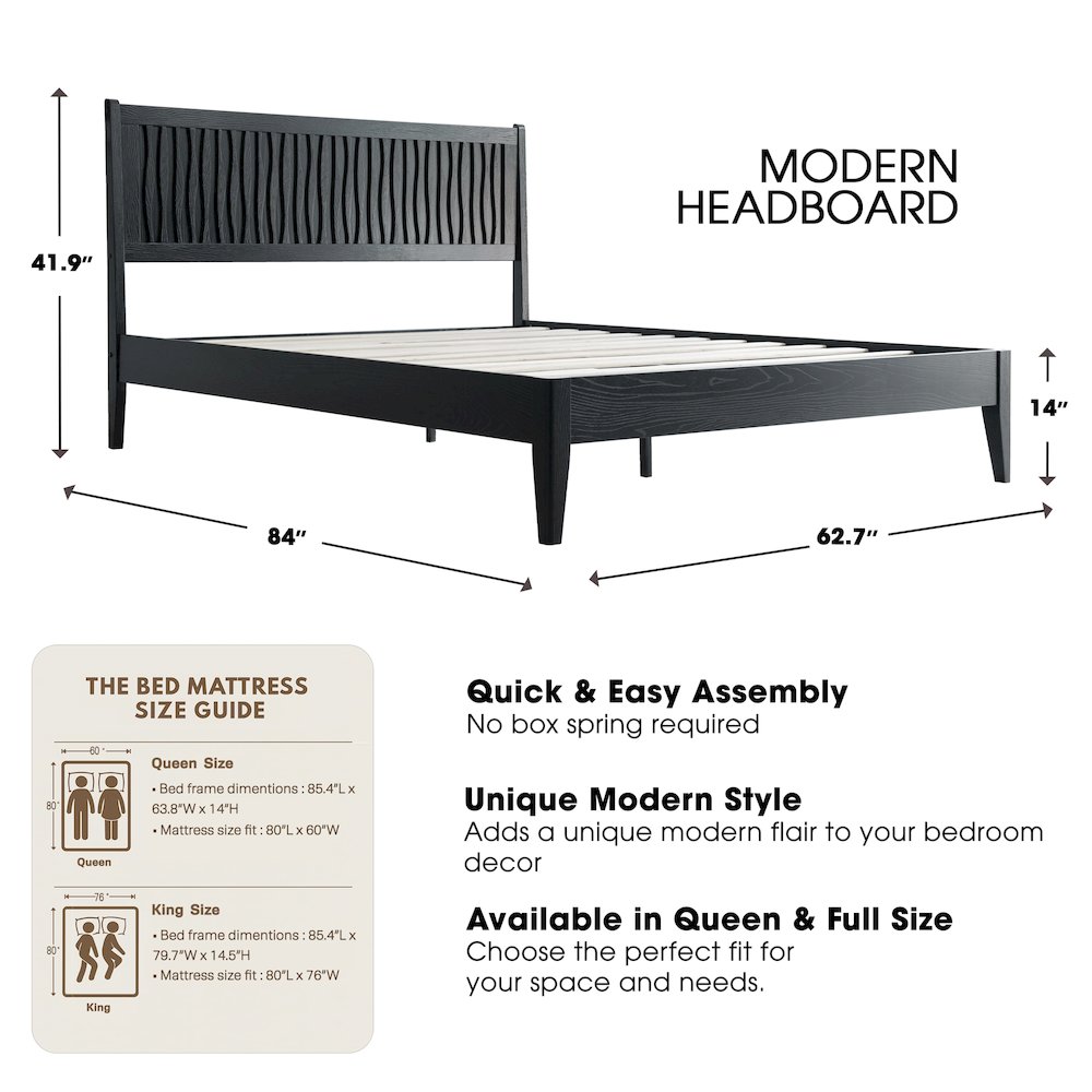 Queen Wooden Platform Bed Frame, Ebony Oak Finish, Morden Style. Picture 2