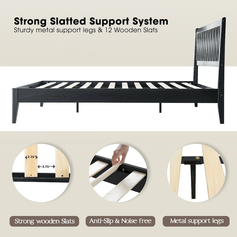 Queen Wooden Platform Bed Frame, Ebony Oak Finish, Morden Style. Picture 3