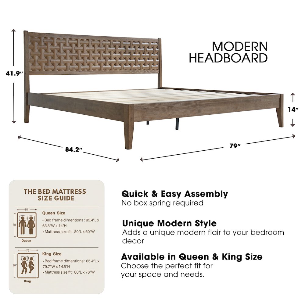 King Wooden Platform Bed Frame, Barnwood Finish, Morden Style. Picture 2