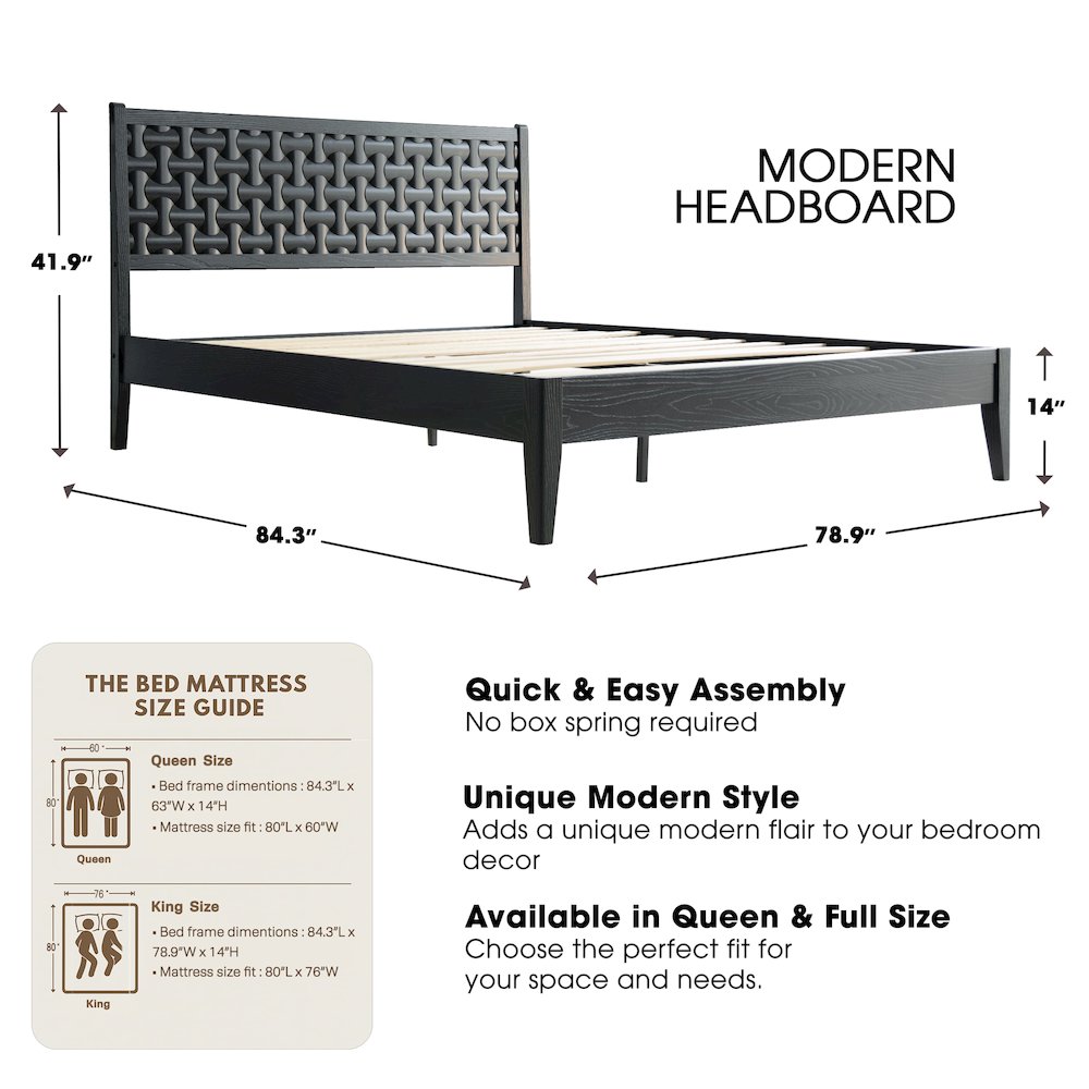 King Wooden Platform Bed Frame, Ebony Oak Finish, Morden Style. Picture 2
