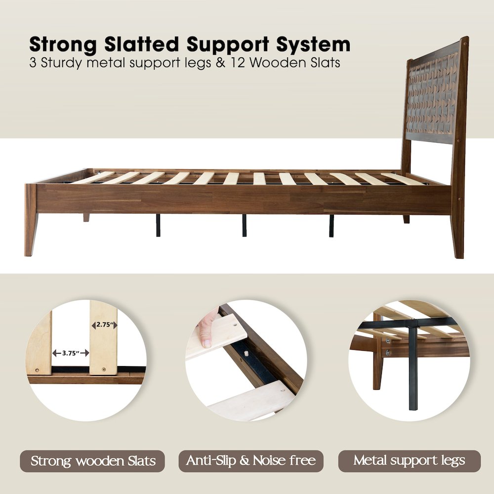 King Wooden Platform Bed Frame, Walnut Finish, Morden Style. Picture 3