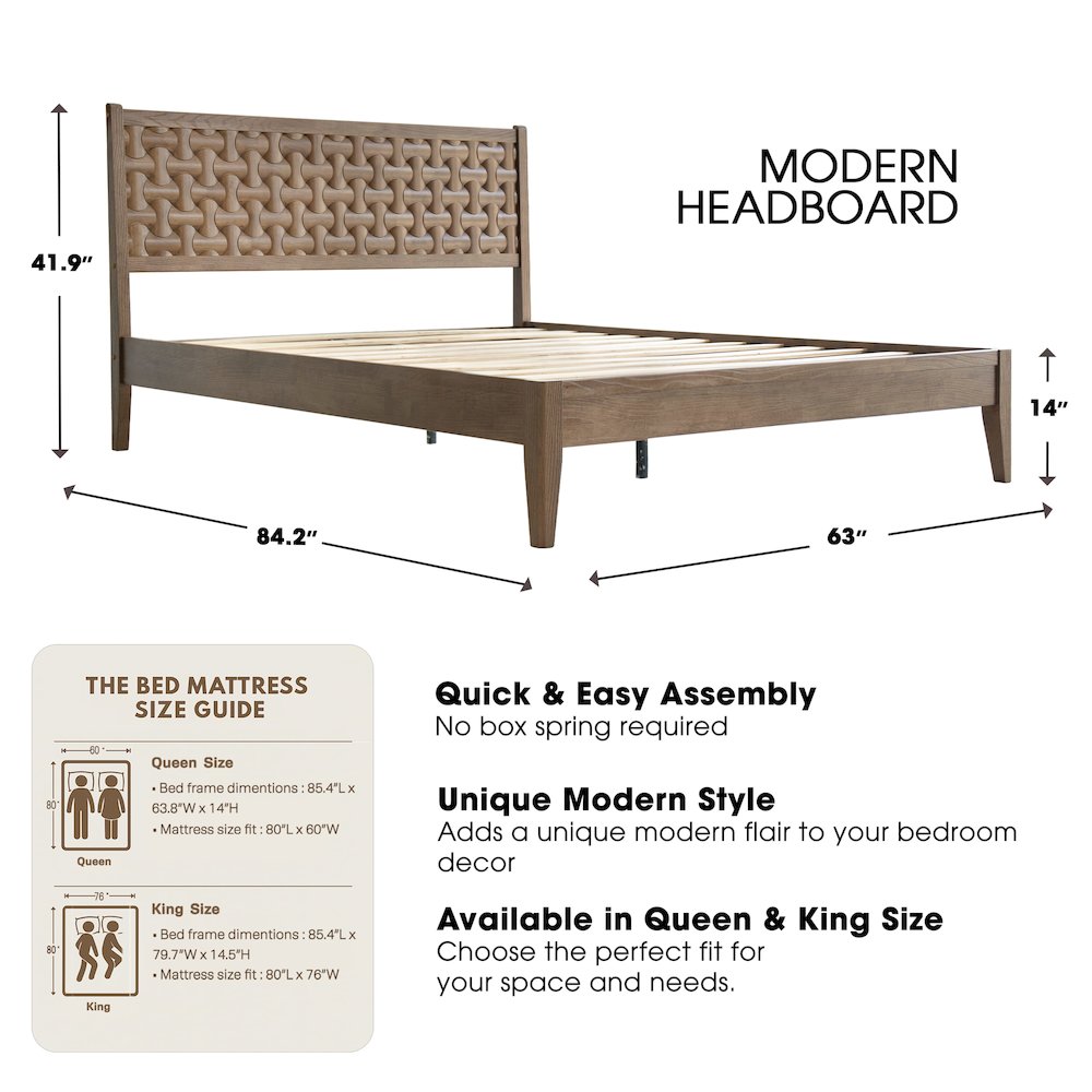 Queen Wooden Platform Bed Frame, Barnwood Finish, Morden Style. Picture 2