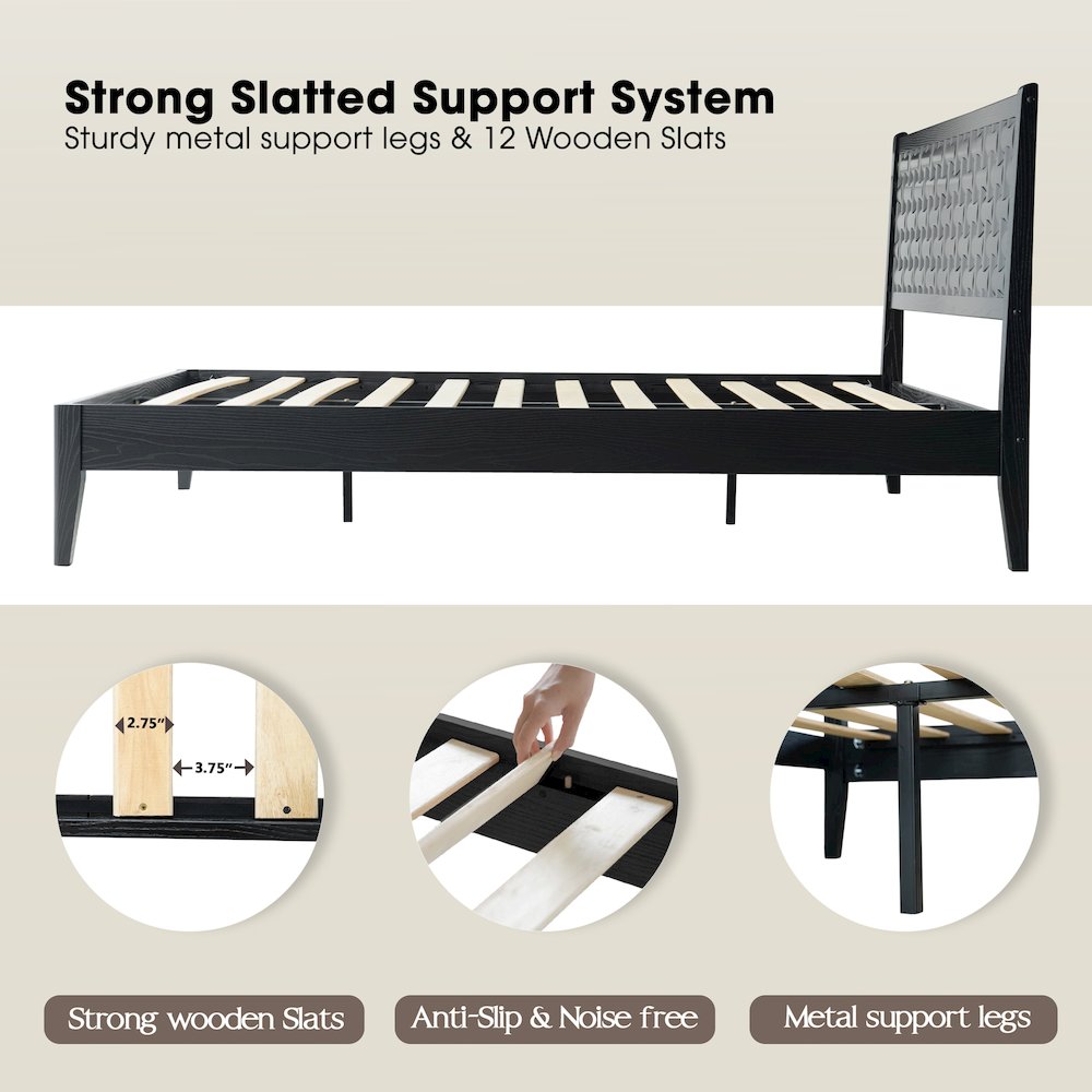 Queen Wooden Platform Bed Frame, Ebony Oak Finish, Morden Style. Picture 3