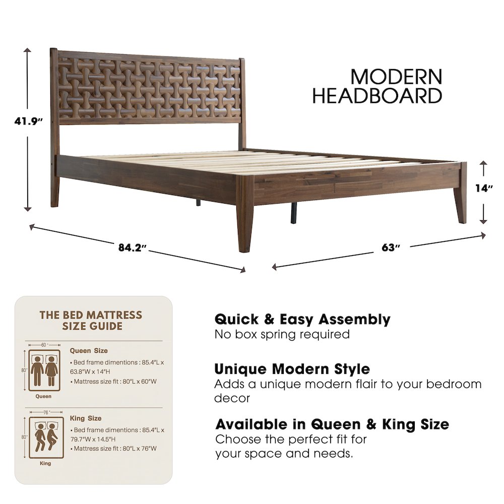 Queen Wooden Platform Bed Frame, Walnut Finish, Morden Style. Picture 2