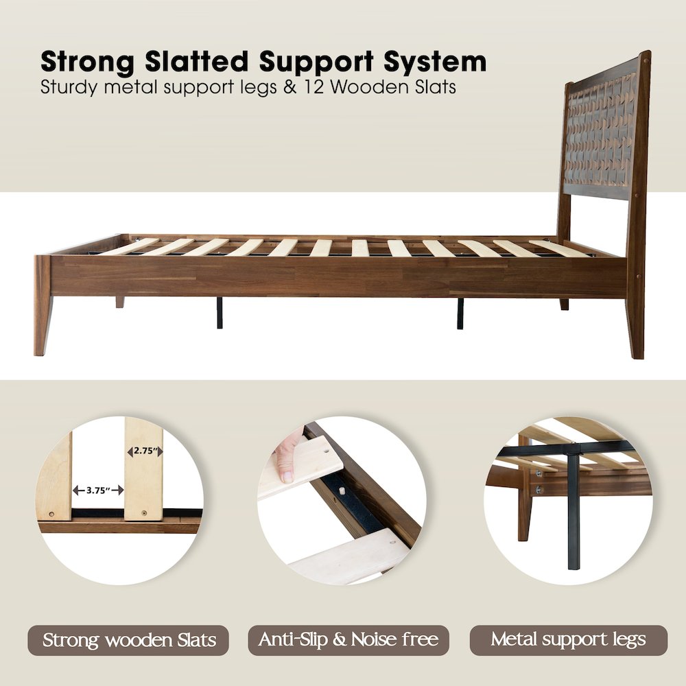 Queen Wooden Platform Bed Frame, Walnut Finish, Morden Style. Picture 3