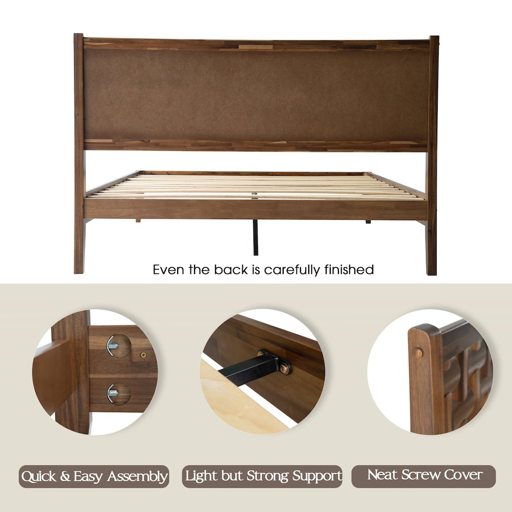 Queen Wooden Platform Bed Frame, Walnut Finish, Morden Style. Picture 4