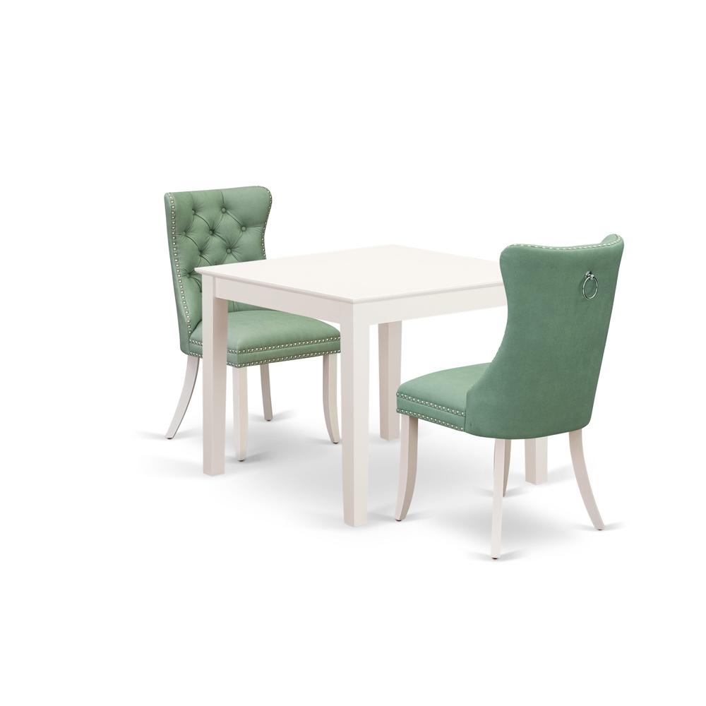 East West Furniture Oxford 3 Piece Room Set Contains a Square Kitchen Dining Table and 2 Upholstered Parson Chairs, 36x36 Inch, Linen White. Picture 1