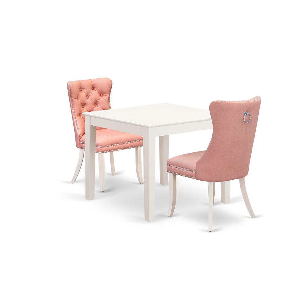 East West Furniture Oxford 3 Piece Dining Room Set Includes a Square Kitchen Table and 2 Upholstered Parson Chairs, 36x36 Inch, Linen White. Picture 1