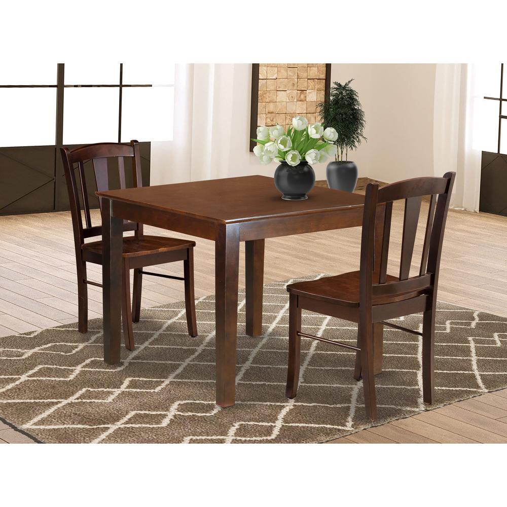 OXDL3-MAH-W - 3-Pc Dining Room Table Set- 2 Wooden Chair and Kitchen Dining Table - Wooden Seat and Slatted Chair Back - Mahogany Finish. Picture 2