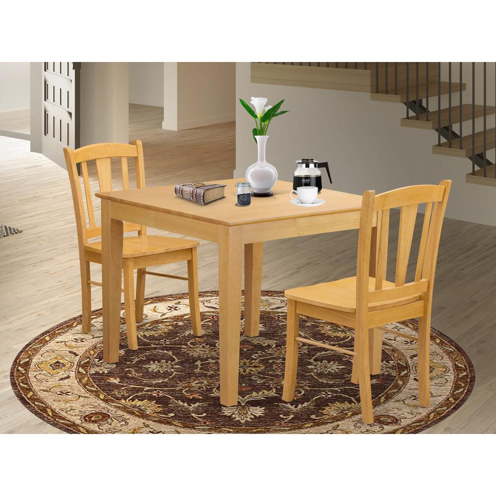 OXDL3-OAK-W - 3-Piece Kitchen Dining Set- 2 Kitchen Chairs and Modern dining room table - Wooden Seat and Slatted Chair Back - Oak Finish. Picture 2