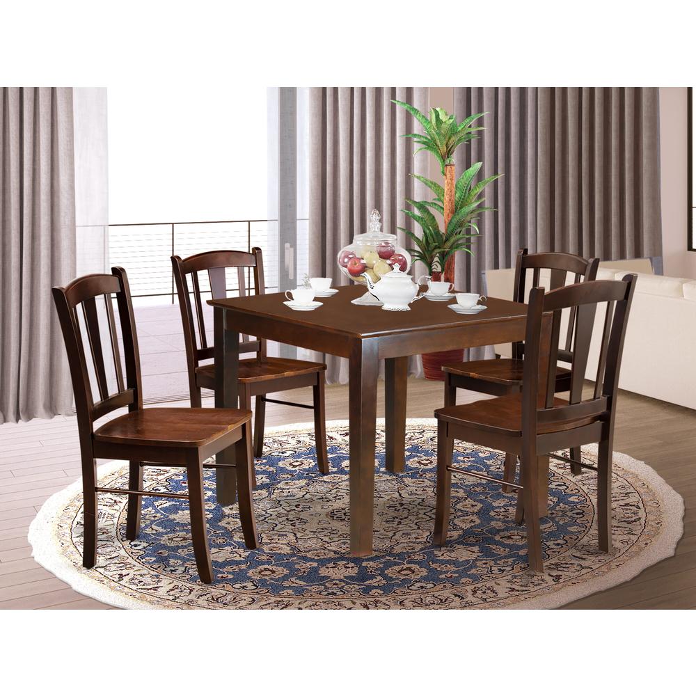 OXDL5-MAH-W - 5-Pc Dining Room Table Set- 4 Dining Chair and Dining Table - Wooden Seat and Slatted Chair Back - Mahogany Finish. Picture 2