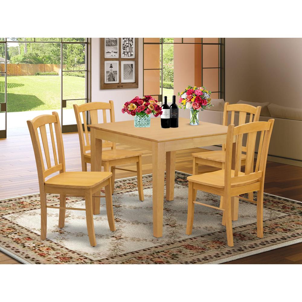 OXDL5-OAK-W - 5-Piece Dining Room Table Set- 4 Wooden Chair and Wood Dining Table - Wooden Seat and Slatted Chair Back - Oak Finish. Picture 2