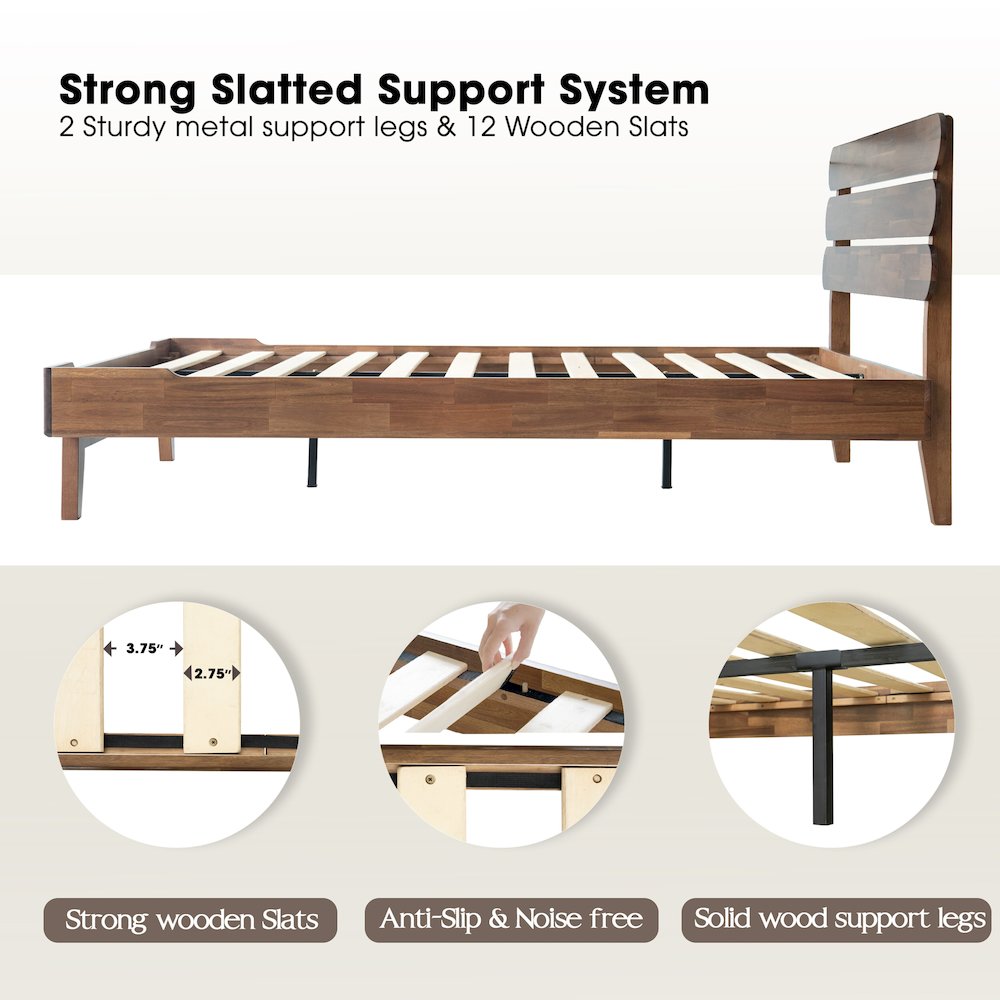 Full Wooden Platform Bed Frame, Walnut Finish, Morden Style. Picture 3