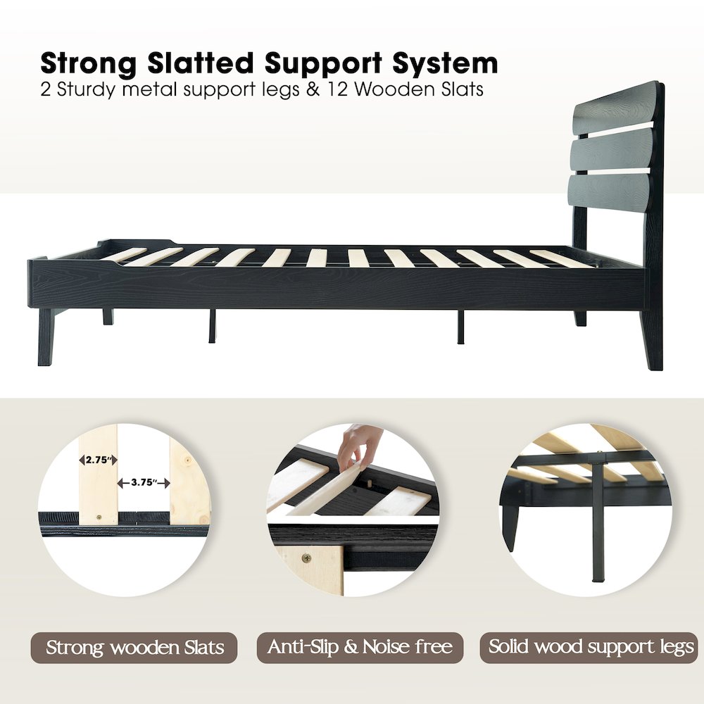 Queen Wooden Platform Bed Frame, Ebony Oak Finish, Morden Style. Picture 3