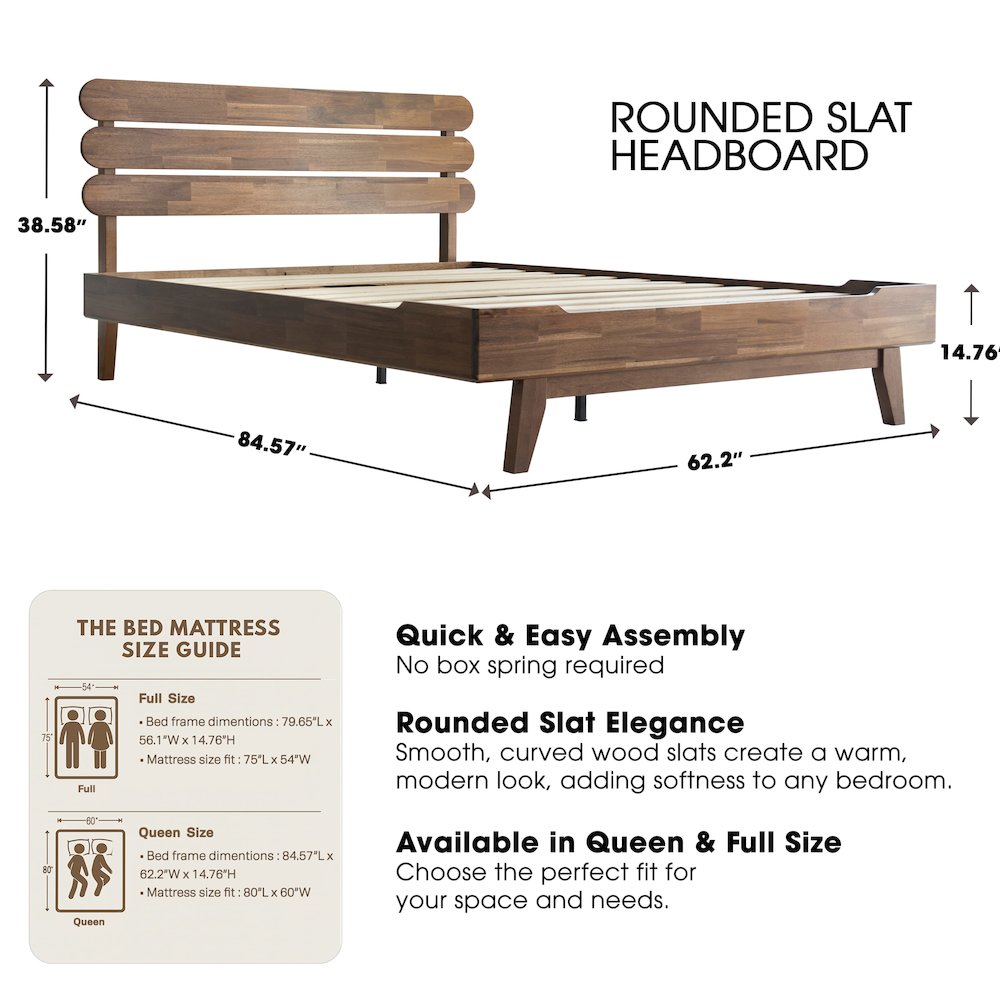 Queen Wooden Platform Bed Frame, Walnut Finish, Morden Style. Picture 2