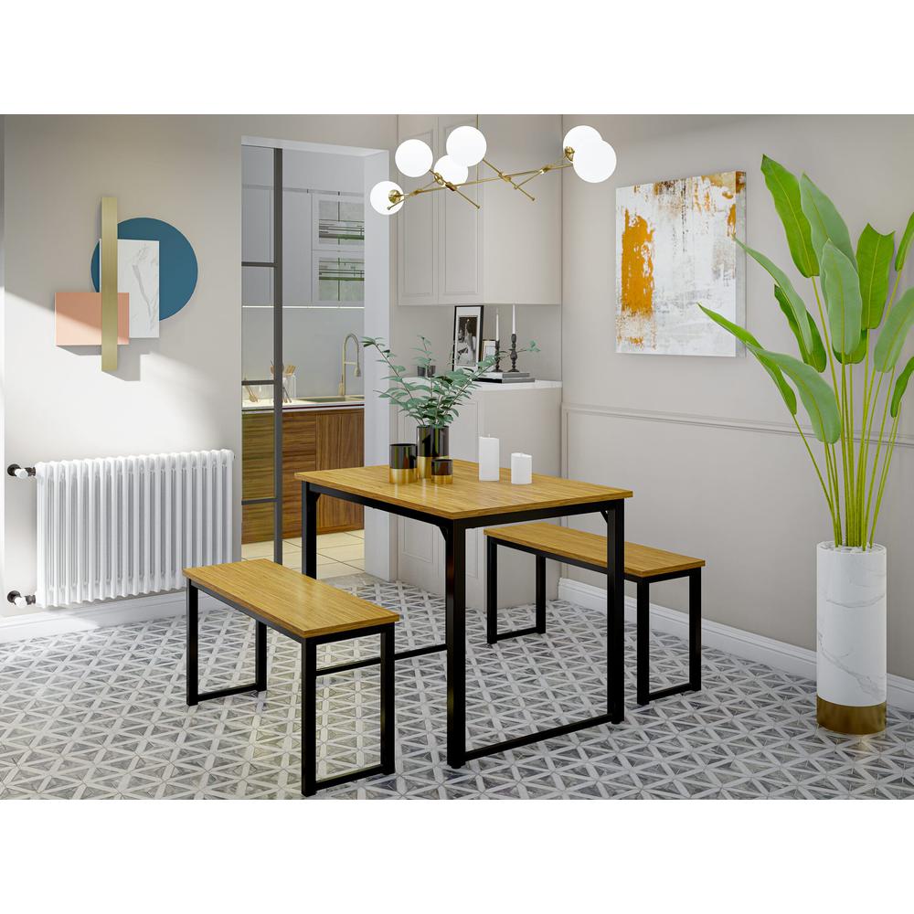Parmer 3 Pc Kitchen Set - 1 Modern Dining Table and 2 Mid Century Benches in Powder Coating Black Color and Brown Wood Laminate. Picture 2
